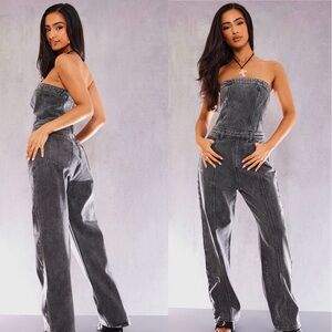 Pretty Little Thing WASHED GREY BANDEAU DENIM JUMPSUIT Size 10 US Women's NEW